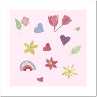 Watercolor cute flowers happy positivie stickers set Posters and Art